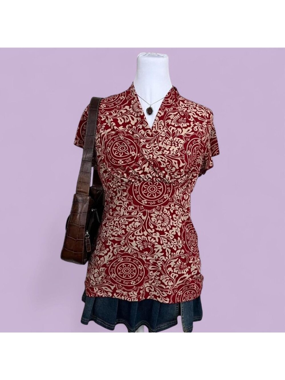 90s red quirky whimsical boho floral stretchy top